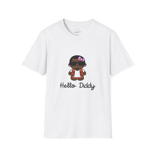 t-shirt featuring a minimalist illustration of Diddy styled as a Hello Kitty character with a red bow.