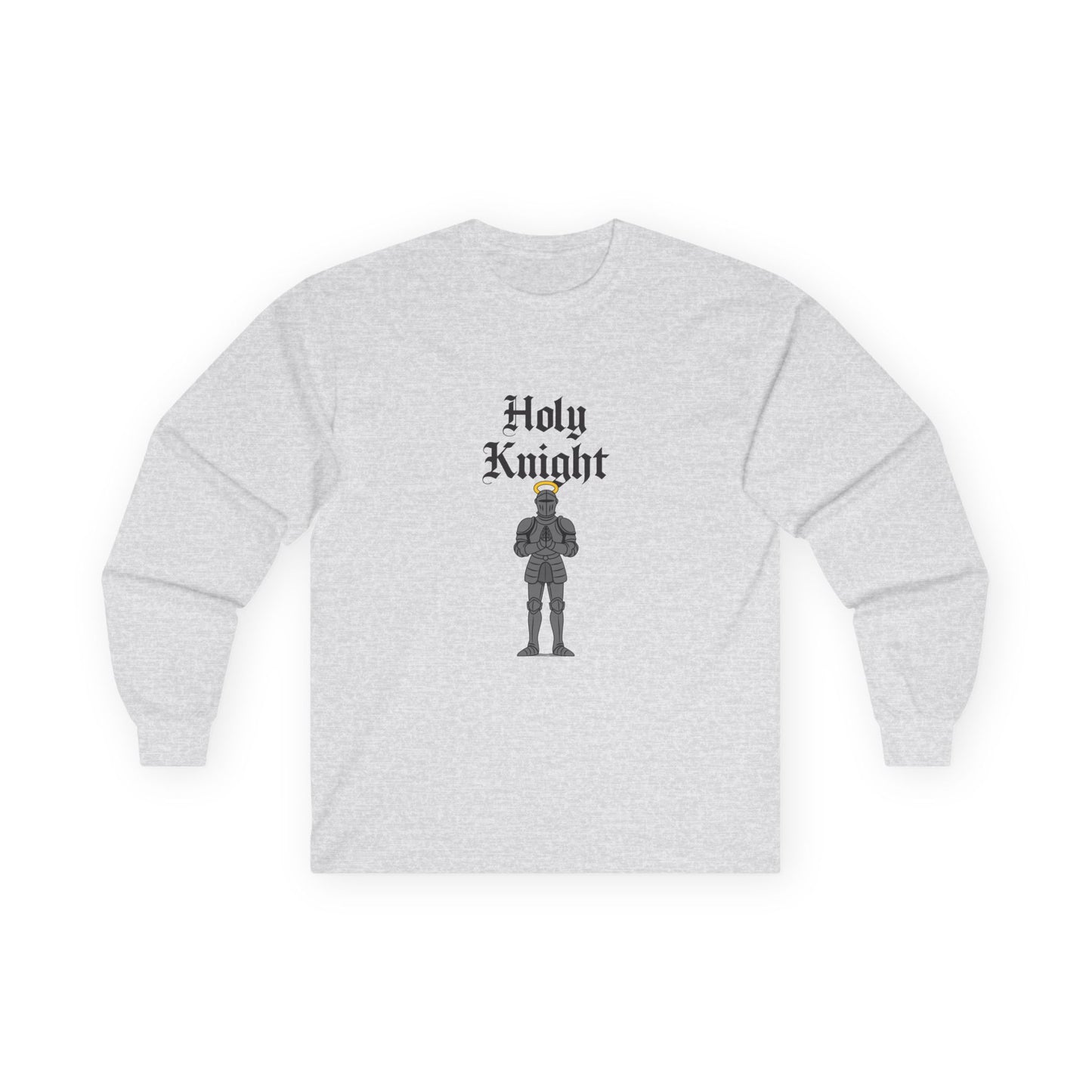 A medieval knight in full armor with a glowing golden halo above his head, parody design titled “Holy Knight.”