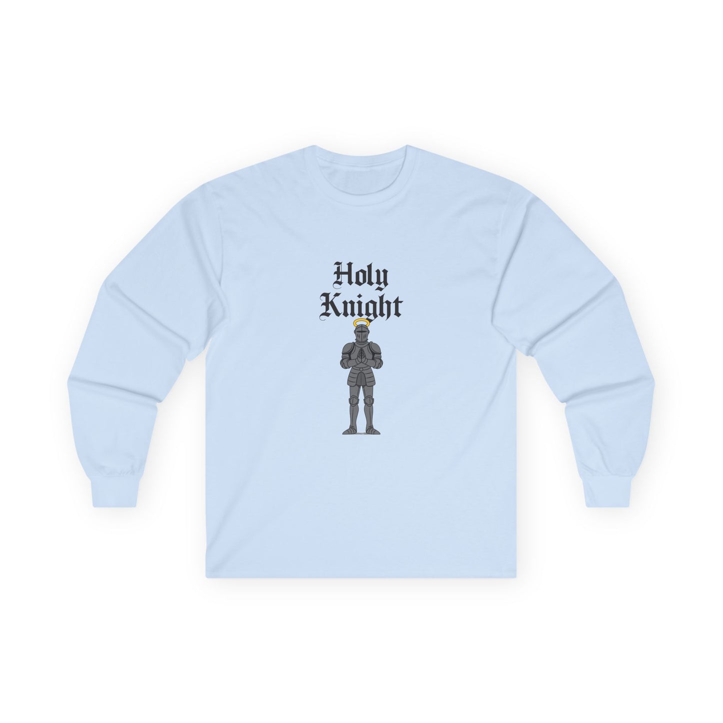 A medieval knight in full armor with a glowing golden halo above his head, parody design titled “Holy Knight.”