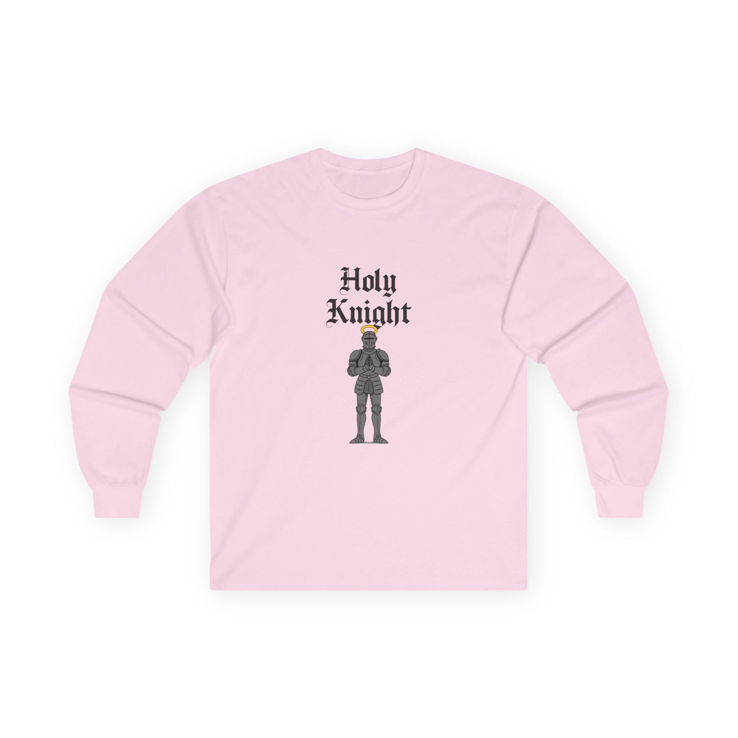 A medieval knight in full armor with a glowing golden halo above his head, parody design titled “Holy Knight.”