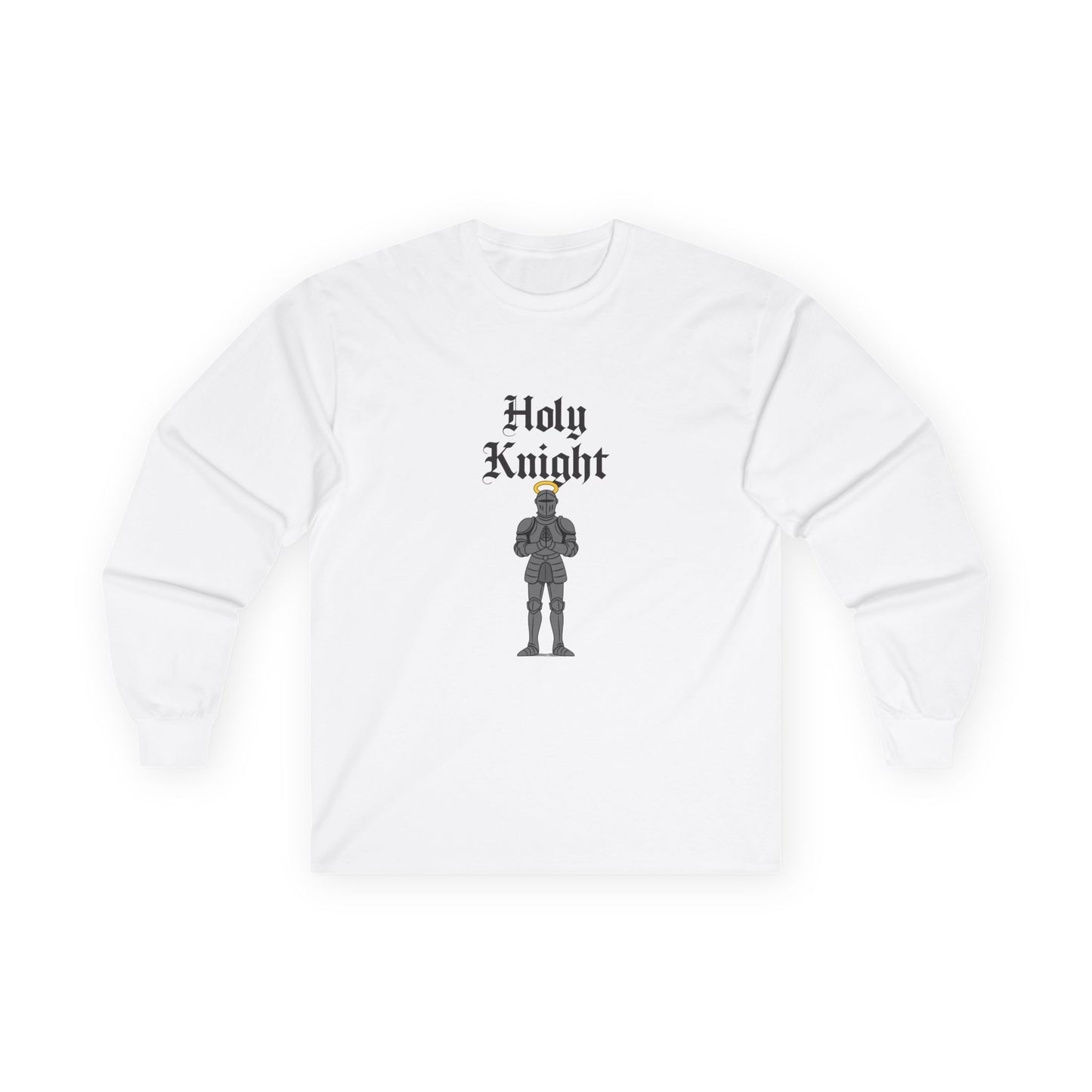 A medieval knight in full armor with a glowing golden halo above his head, parody design titled “Holy Knight.”