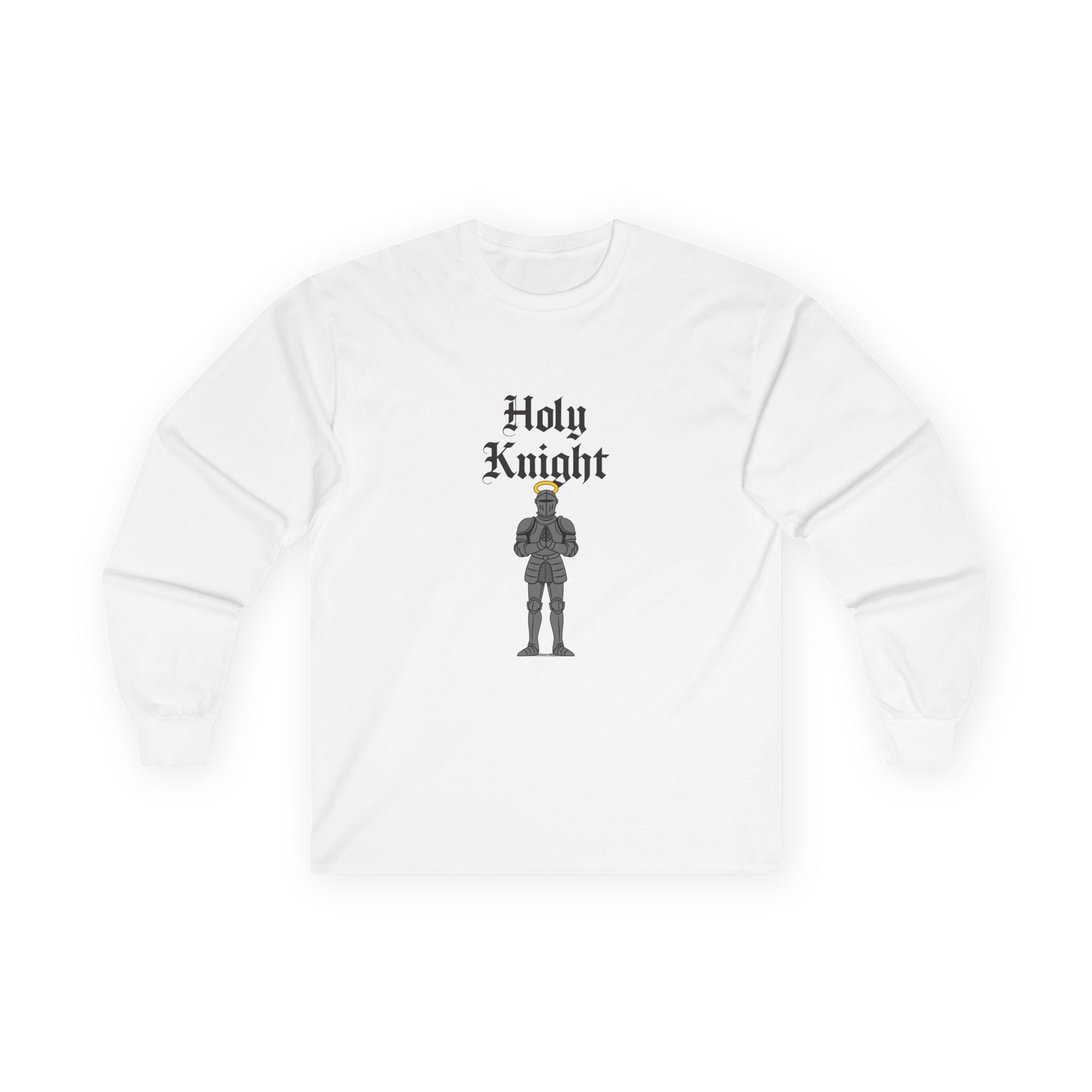 A medieval knight in full armor with a glowing golden halo above his head, parody design titled “Holy Knight.”