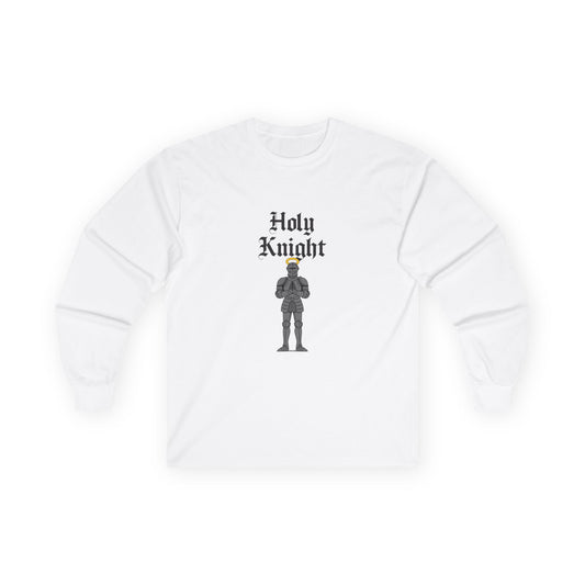 A medieval knight in full armor with a glowing golden halo above his head, parody design titled “Holy Knight.”