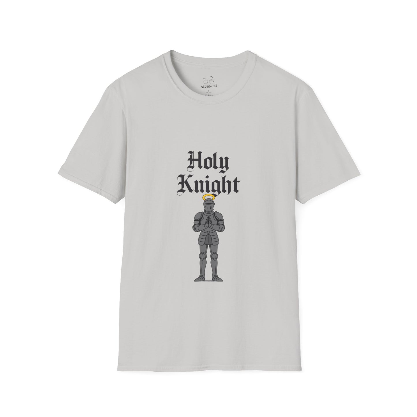 A medieval knight in full armor with a glowing golden halo above his head, parody design titled “Holy Knight.”