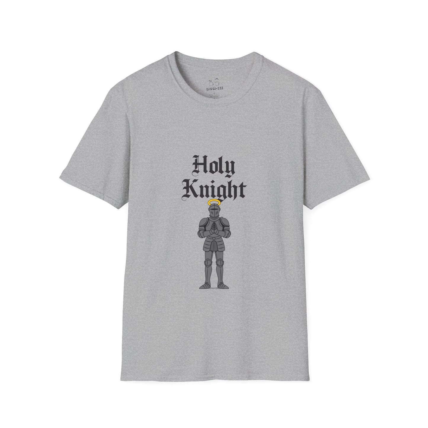 A medieval knight in full armor with a glowing golden halo above his head, parody design titled “Holy Knight.”