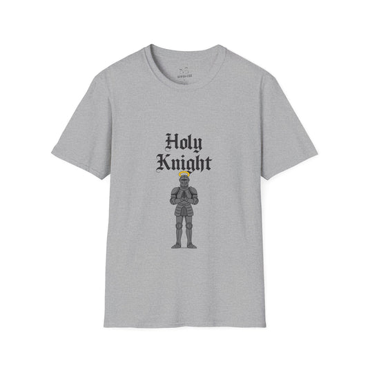 A funny medieval shirt design with a knight in full armor with a glowing golden halo above his head, parody design titled “Holy Knight.”