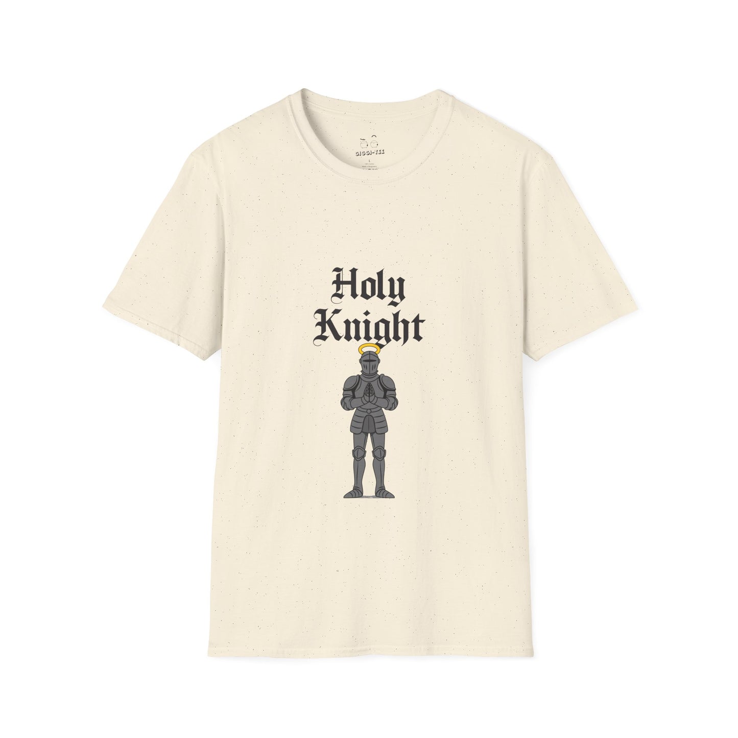 A medieval knight in full armor with a glowing golden halo above his head, parody design titled “Holy Knight.”