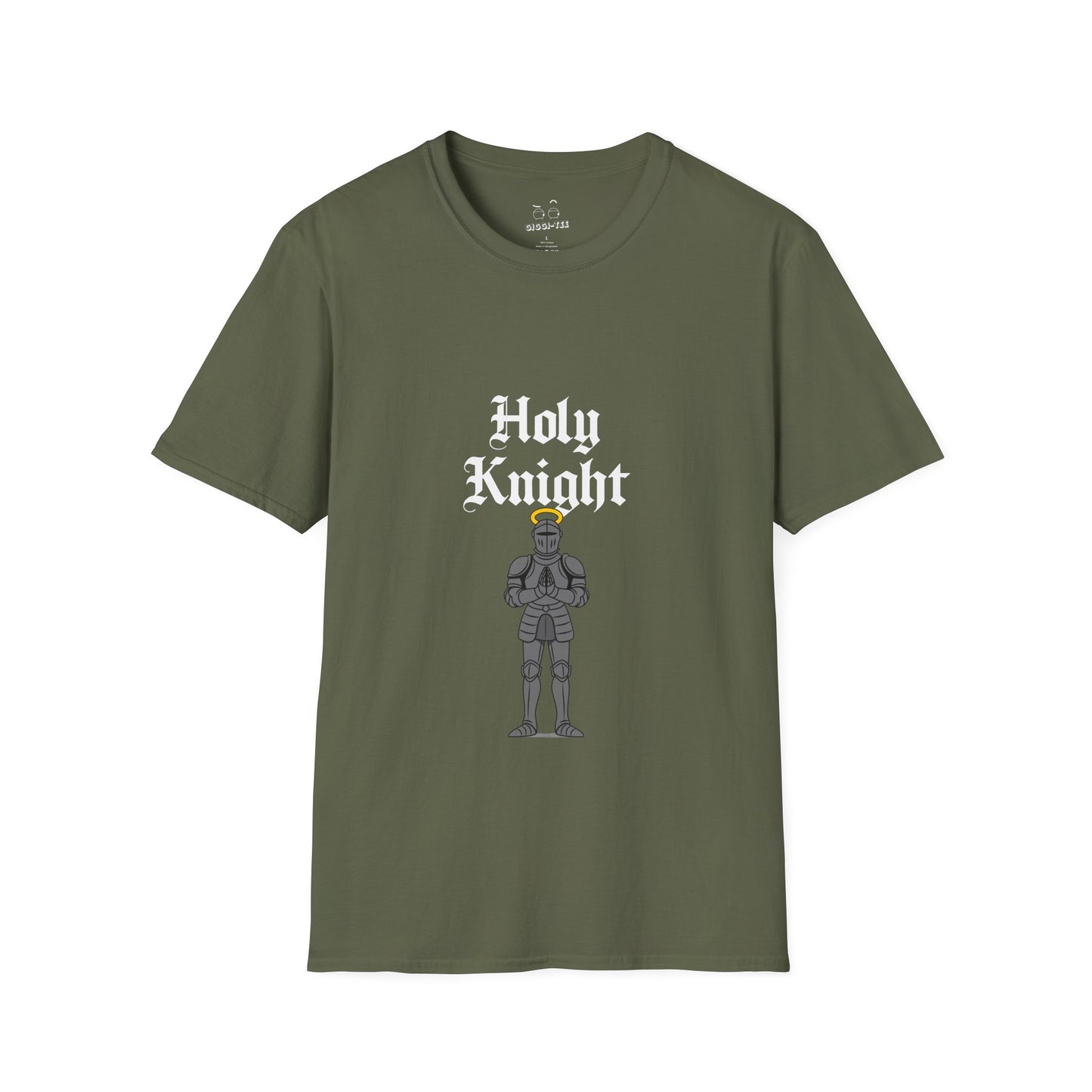 A medieval knight in full armor with a glowing golden halo above his head, parody design titled “Holy Knight.”