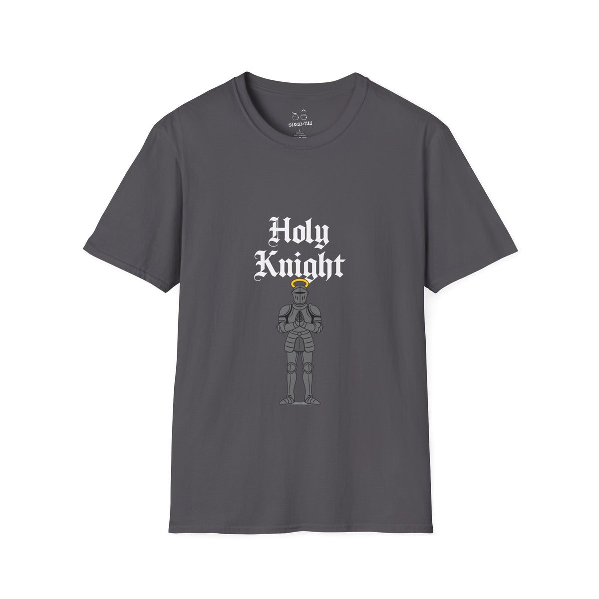 A funny medieval shirt design with a knight in full armor with a glowing golden halo above his head, parody design titled “Holy Knight.”