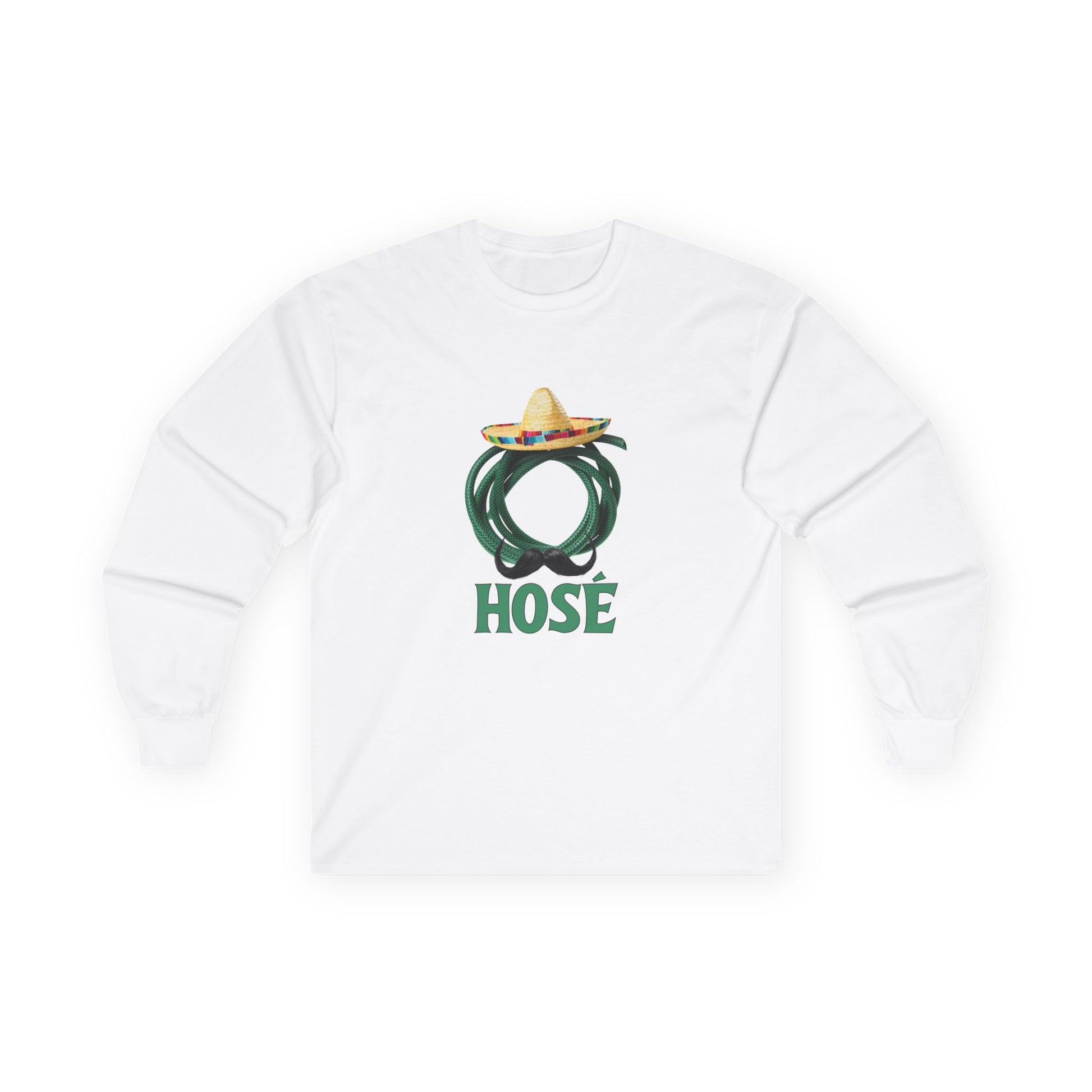 T-shirt design of a green garden hose wearing a sombrero and a large Mexican mustache with the word "Hosé."