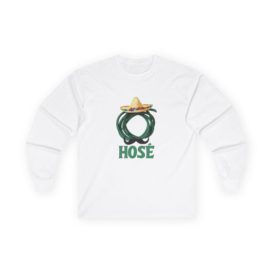 T-shirt design of a green garden hose wearing a sombrero and a large Mexican mustache with the word "Hosé."
