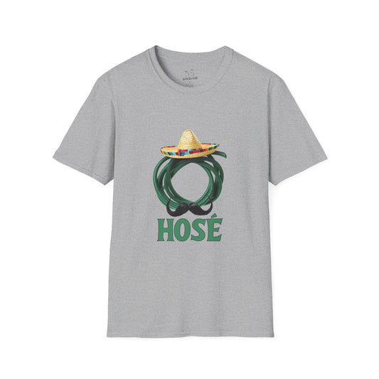 T-shirt design of a green garden hose wearing a sombrero and a large Mexican mustache with the word "Hosé."