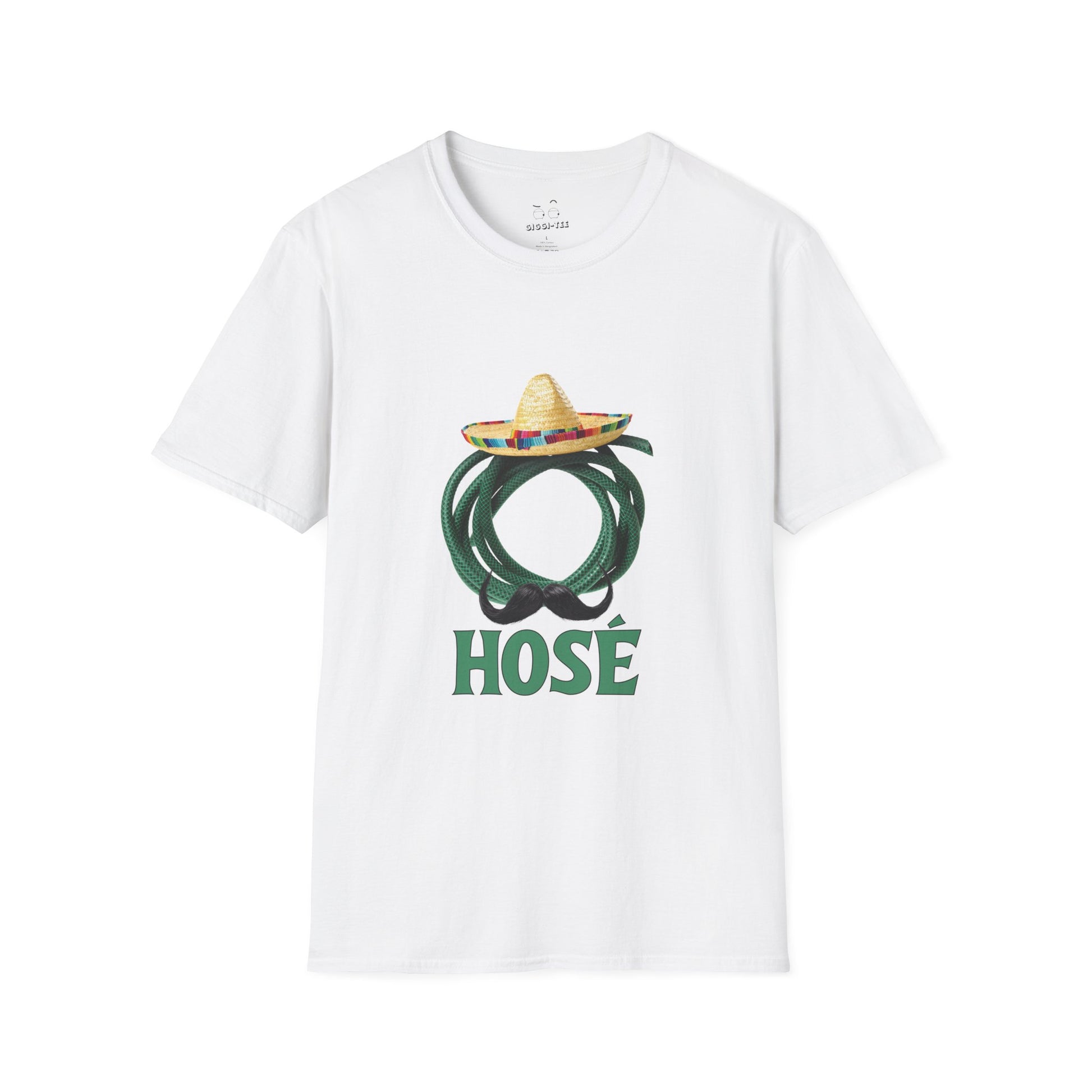 T-shirt design of a green garden hose wearing a sombrero and a large Mexican mustache with the word "Hosé."