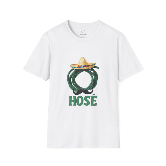 T-shirt design of a green garden hose wearing a sombrero and a large Mexican mustache with the word "Hosé."