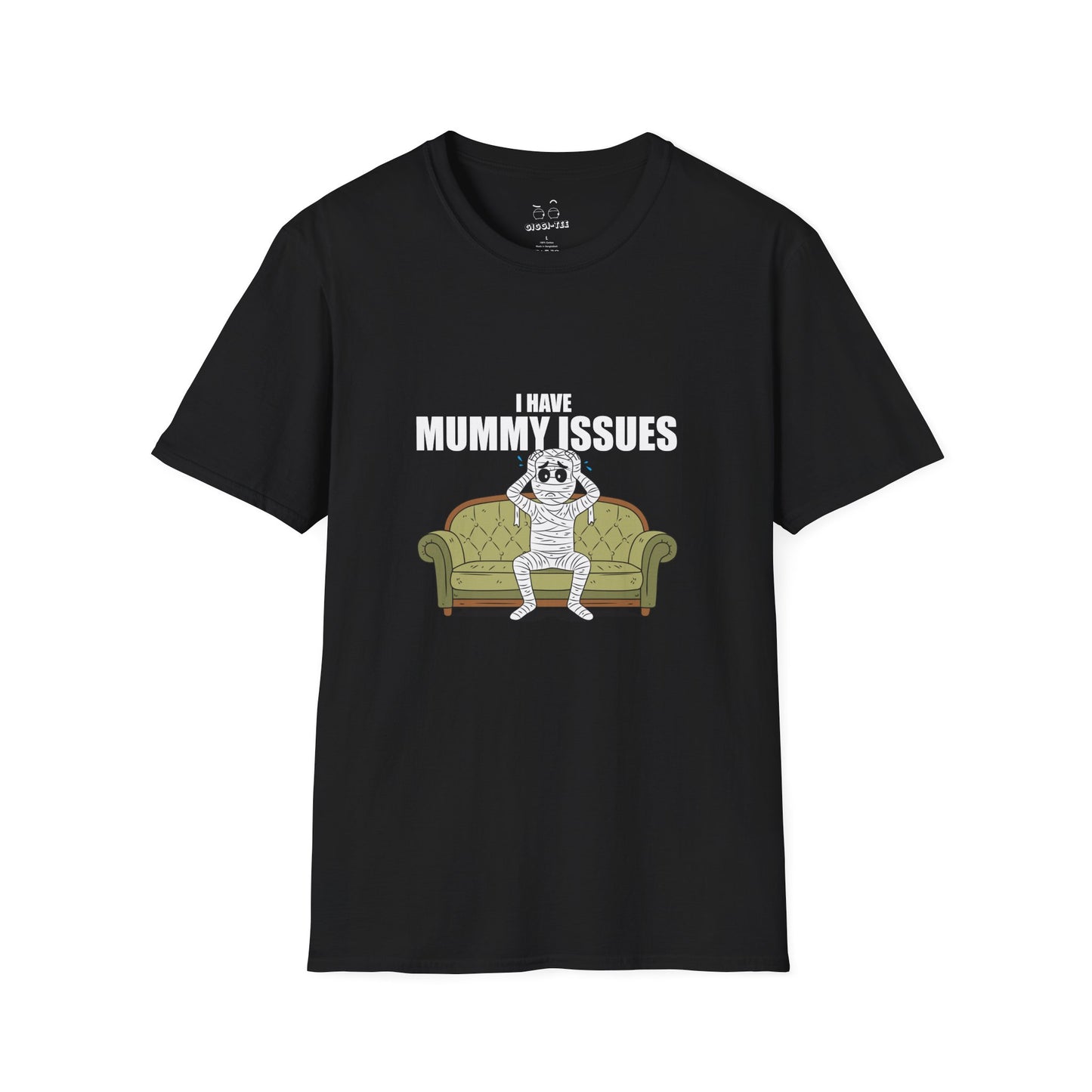 Funny shirt design with an Illustration of a worried mummy sitting on a therapist couch, hands on its head, captioned 'I Have Mummy Issues', humorous and darkly comedic style.