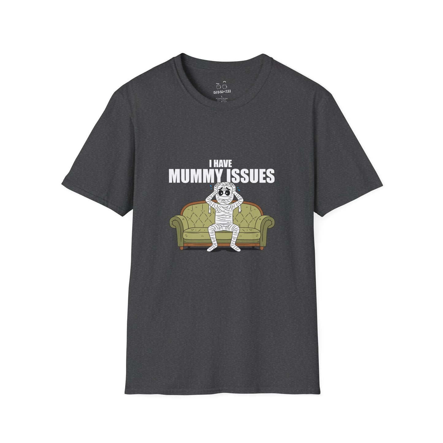 Funny shirt design with an Illustration of a worried mummy sitting on a therapist couch, hands on its head, captioned 'I Have Mummy Issues', humorous and darkly comedic style.