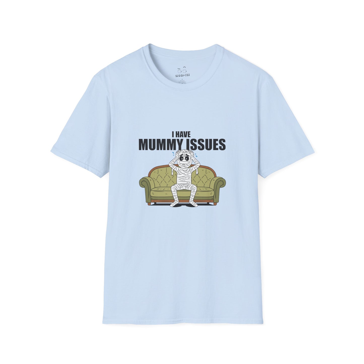 Funny shirt design with an Illustration of a worried mummy sitting on a therapist couch, hands on its head, captioned 'I Have Mummy Issues', humorous and darkly comedic style.