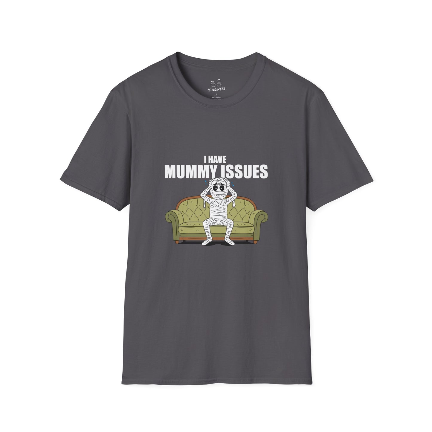 Funny shirt design with an Illustration of a worried mummy sitting on a therapist couch, hands on its head, captioned 'I Have Mummy Issues', humorous and darkly comedic style.