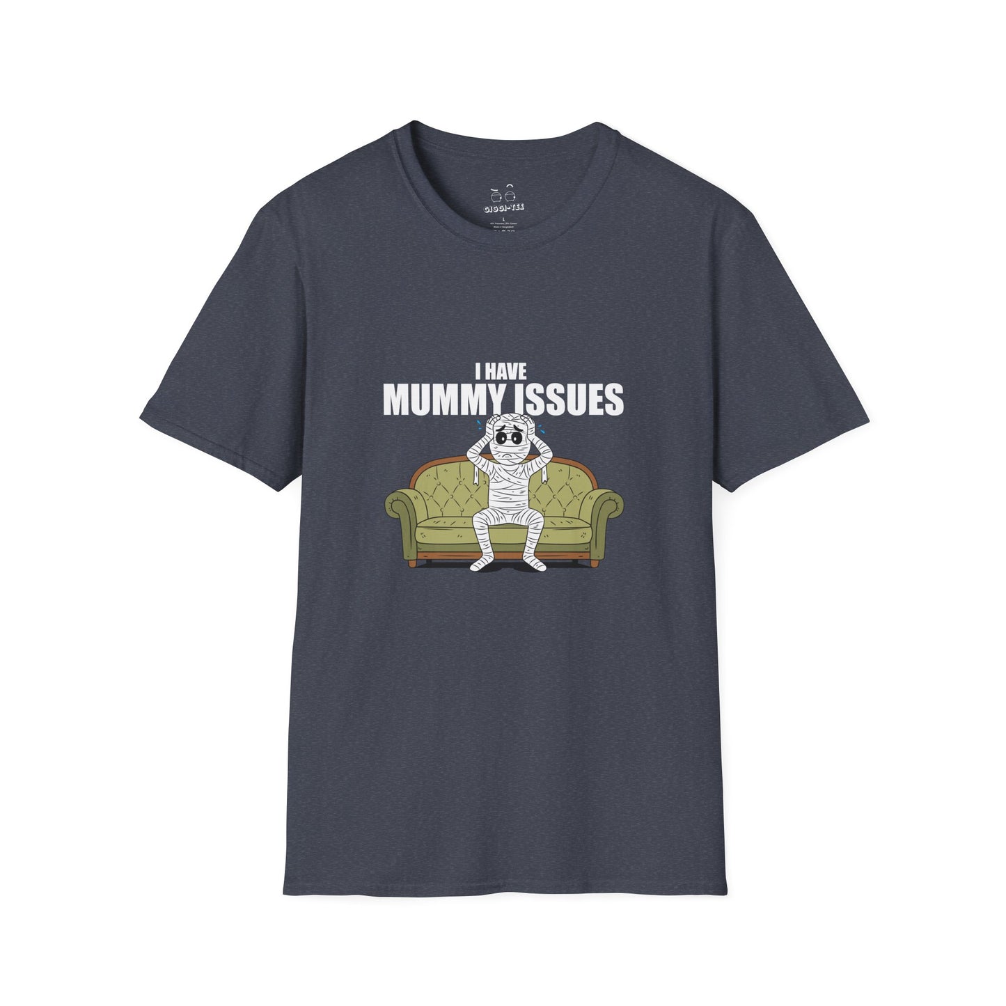 Funny shirt design with an Illustration of a worried mummy sitting on a therapist couch, hands on its head, captioned 'I Have Mummy Issues', humorous and darkly comedic style.