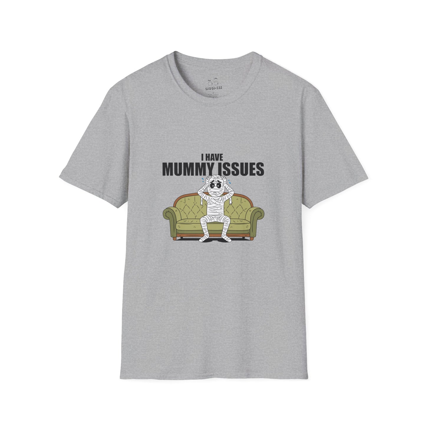 Funny shirt design with an Illustration of a worried mummy sitting on a therapist couch, hands on its head, captioned 'I Have Mummy Issues', humorous and darkly comedic style.