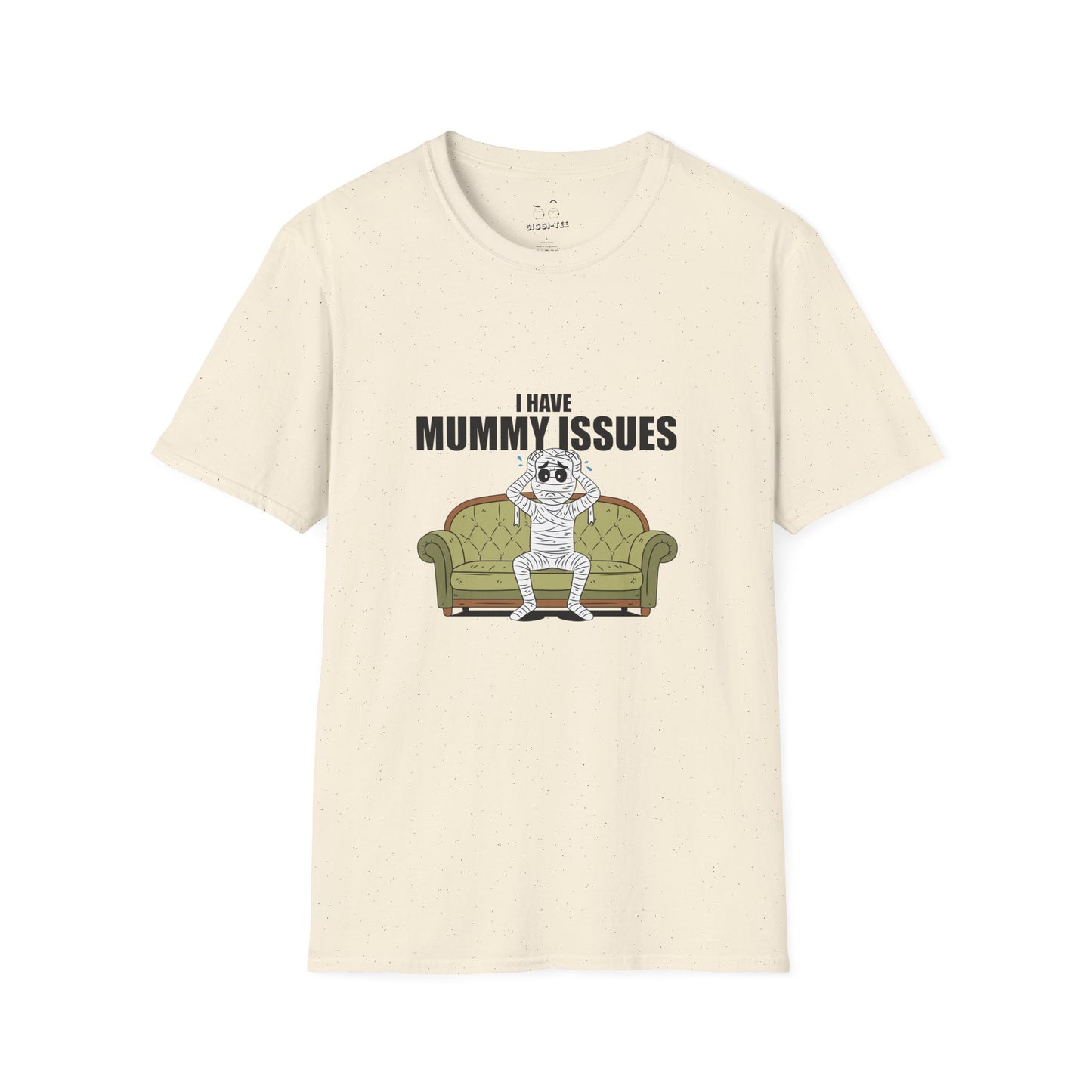 Funny shirt design with an Illustration of a worried mummy sitting on a therapist couch, hands on its head, captioned 'I Have Mummy Issues', humorous and darkly comedic style.