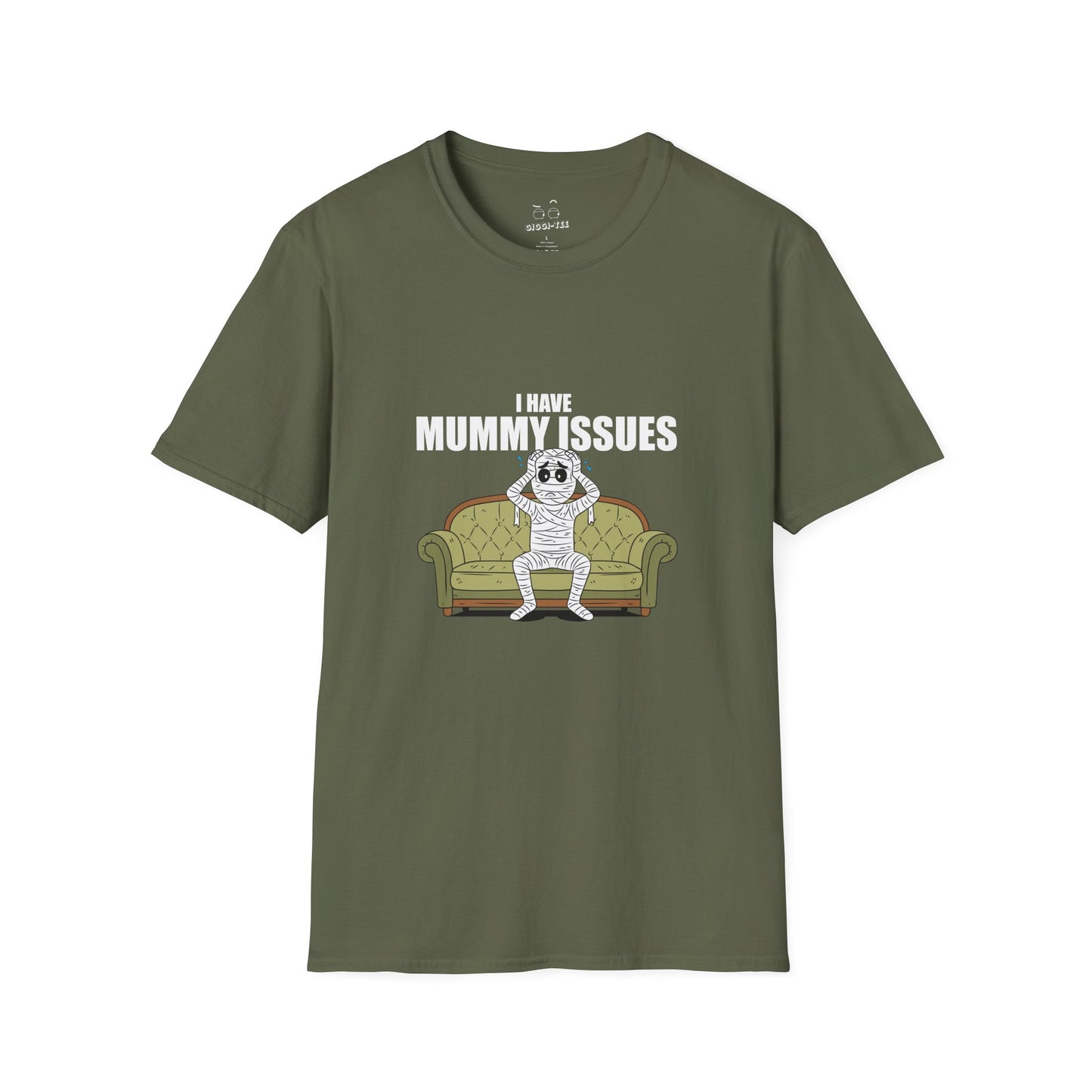 Funny shirt design with an Illustration of a worried mummy sitting on a therapist couch, hands on its head, captioned 'I Have Mummy Issues', humorous and darkly comedic style.