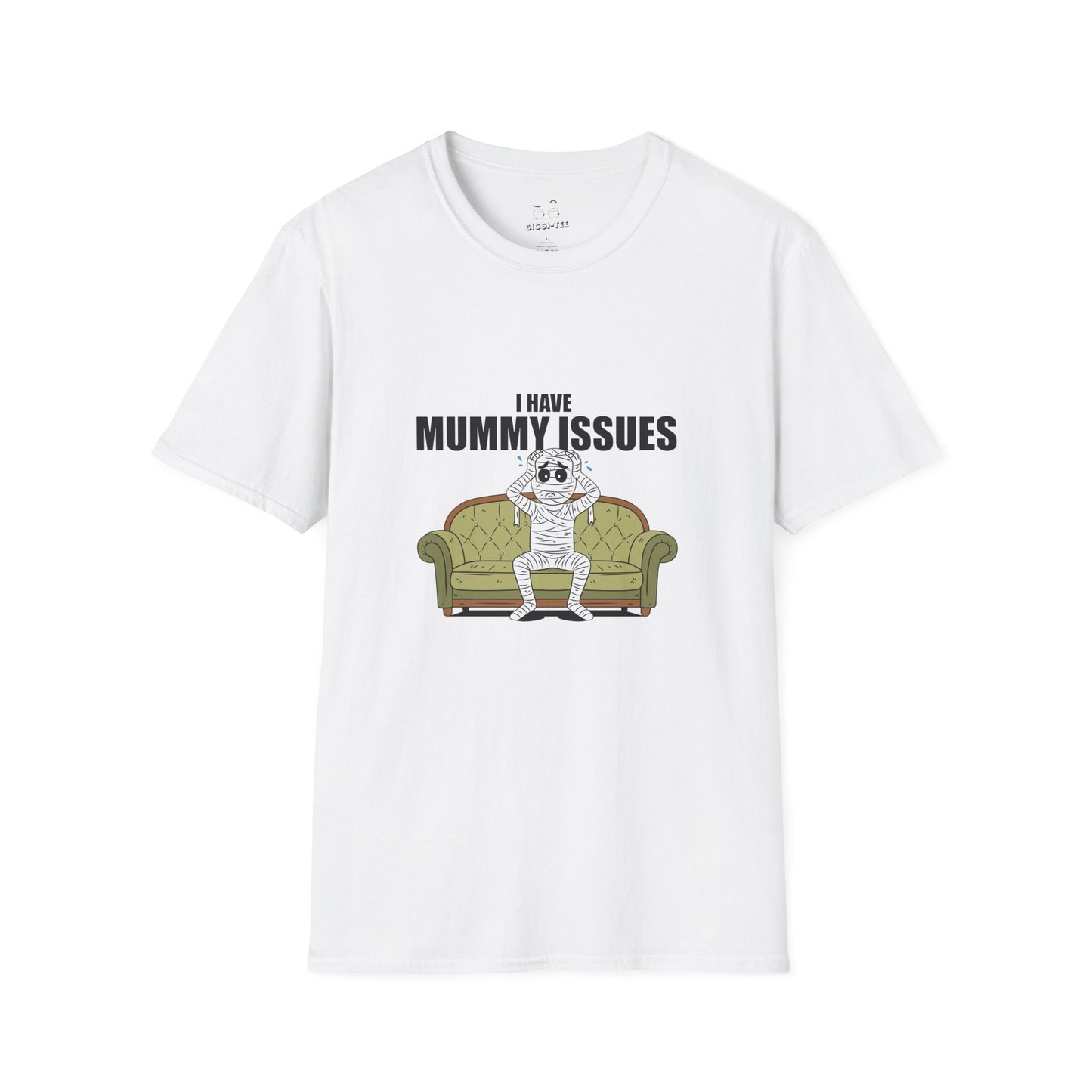 Funny shirt design with an Illustration of a worried mummy sitting on a therapist couch, hands on its head, captioned 'I Have Mummy Issues', humorous and darkly comedic style.
