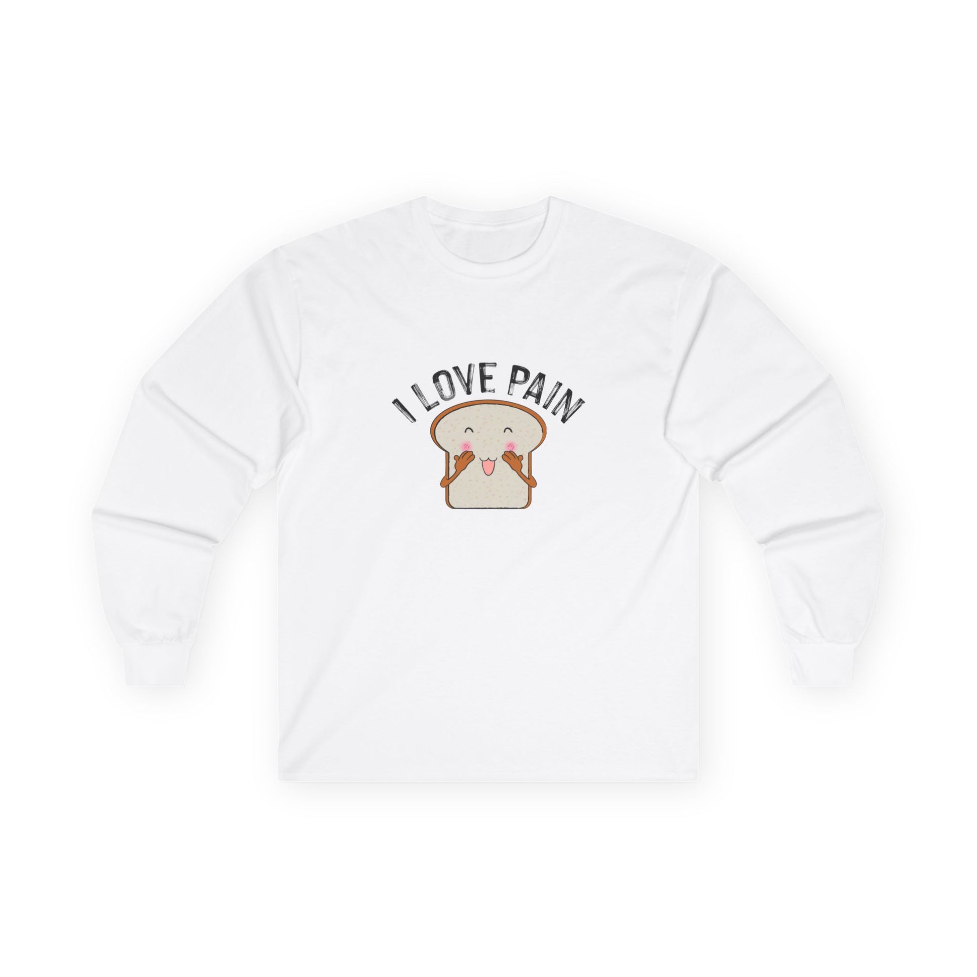 I Love Pain’ shirt featuring a blushing cartoon slice of bread, funny pun tee for bread lovers and humor fans.