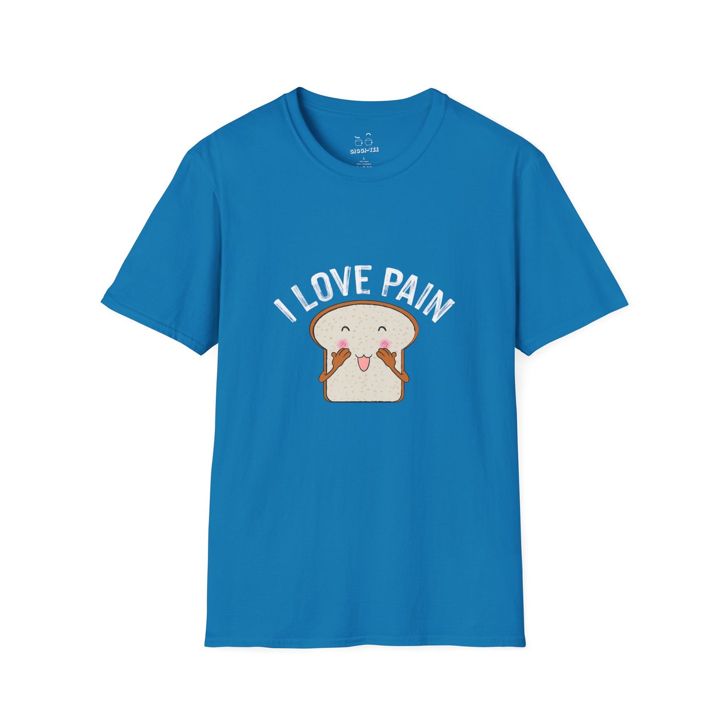 I Love Pain’ shirt featuring a blushing cartoon slice of bread, funny pun tee for bread lovers and humor fans.