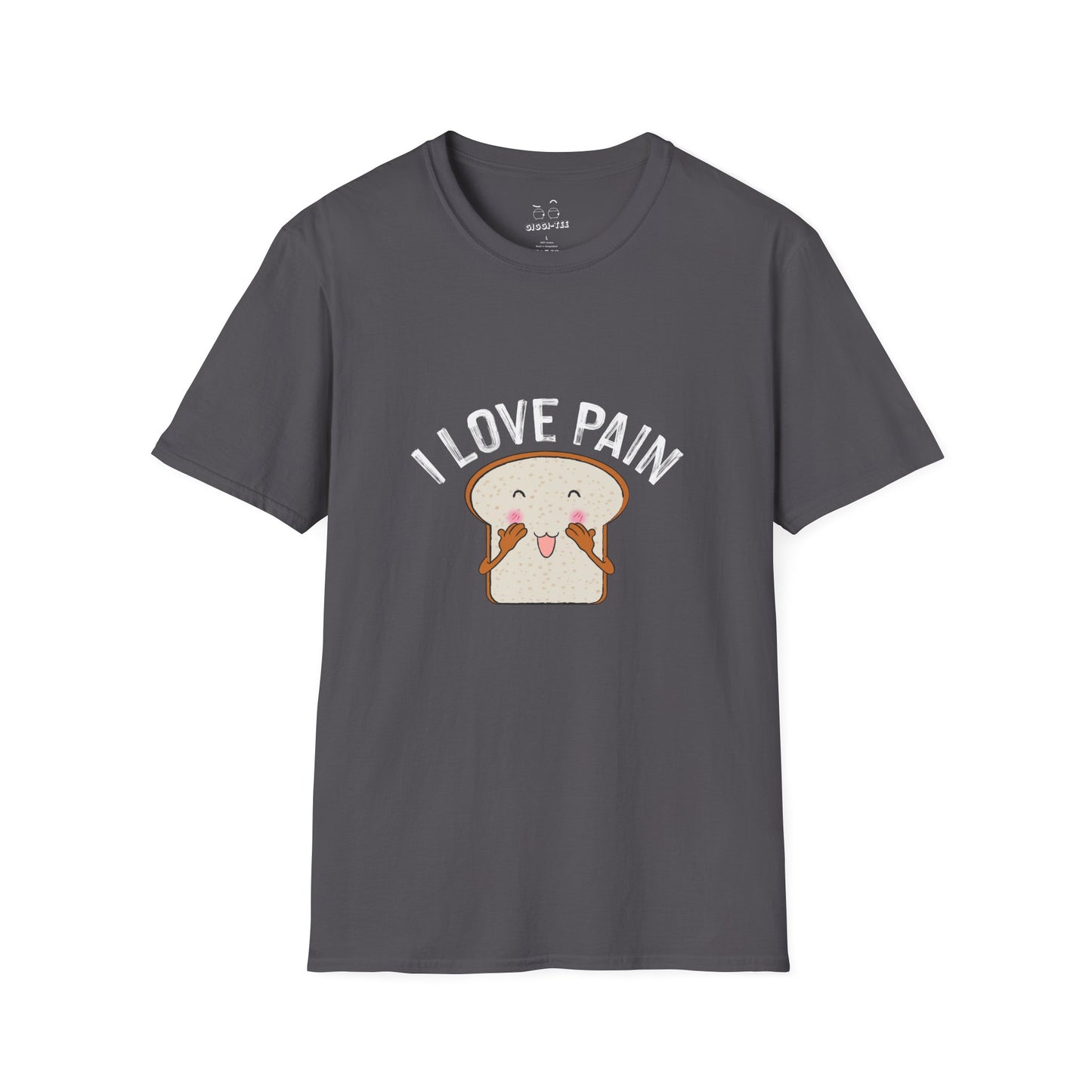 I Love Pain’ shirt featuring a blushing cartoon slice of bread, funny pun tee for bread lovers and humor fans.