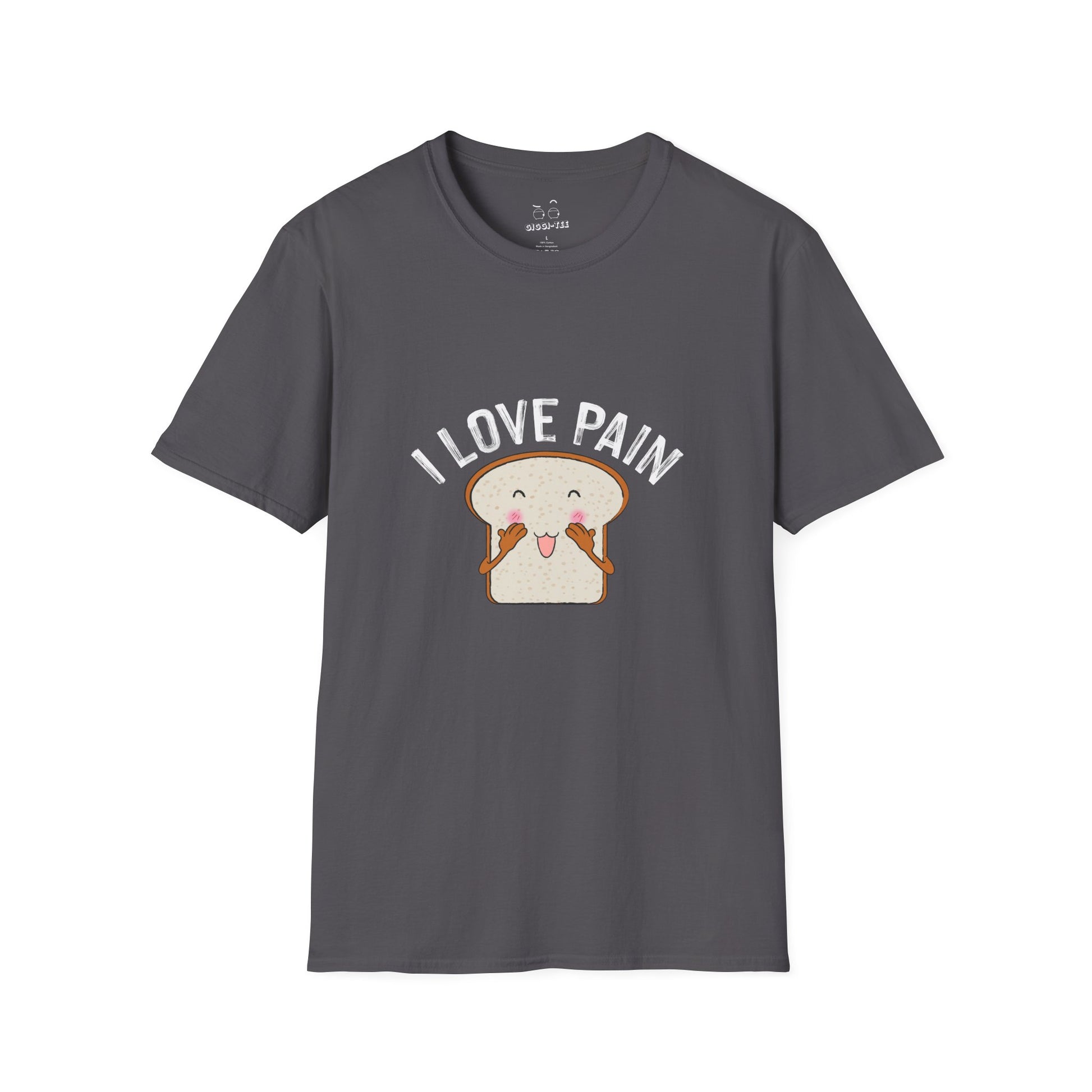 I Love Pain’ shirt featuring a blushing cartoon slice of bread, funny pun tee for bread lovers and humor fans.