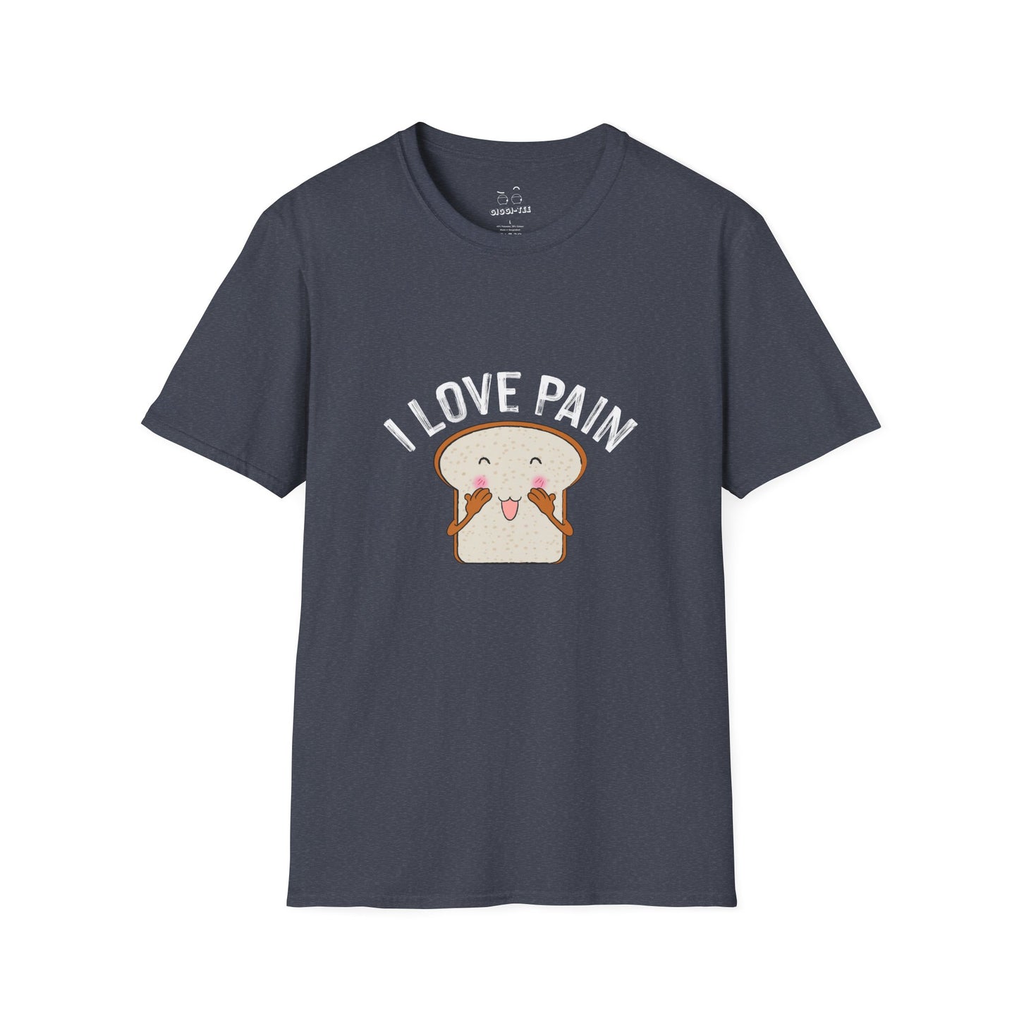 I Love Pain’ shirt featuring a blushing cartoon slice of bread, funny pun tee for bread lovers and humor fans.