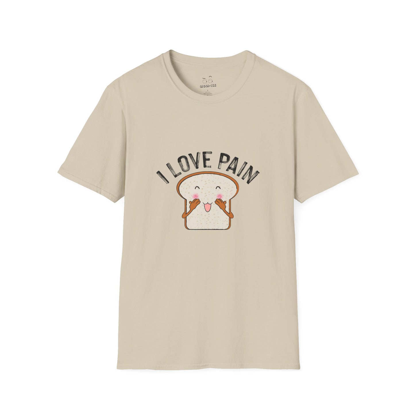 I Love Pain’ shirt featuring a blushing cartoon slice of bread, funny pun tee for bread lovers and humor fans.