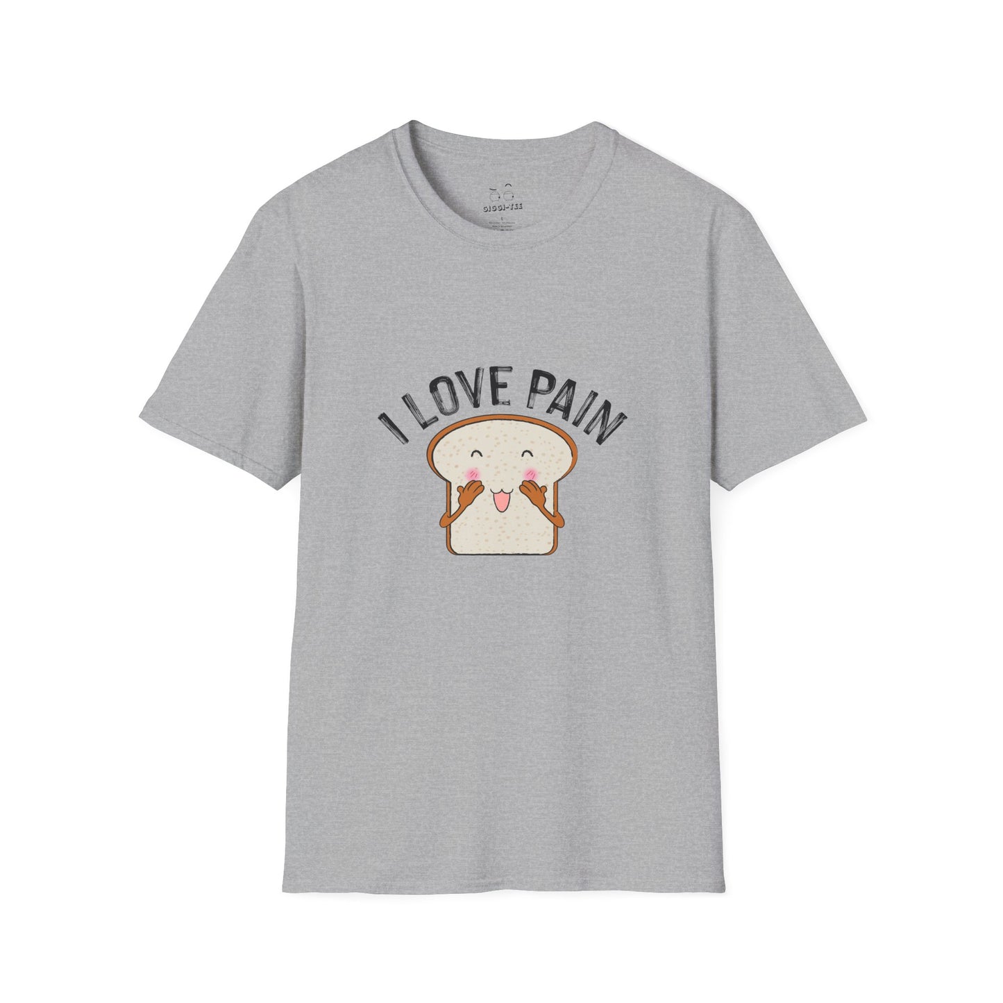 I Love Pain’ shirt featuring a blushing cartoon slice of bread, funny pun tee for bread lovers and humor fans.