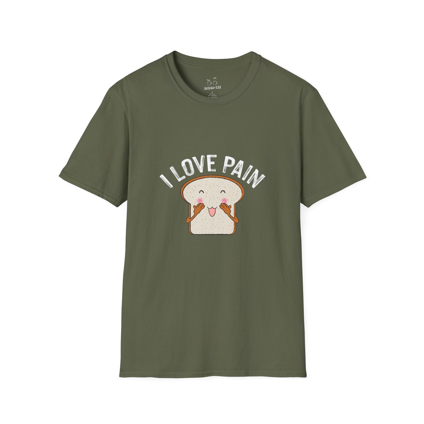 I Love Pain’ shirt featuring a blushing cartoon slice of bread, funny pun tee for bread lovers and humor fans.