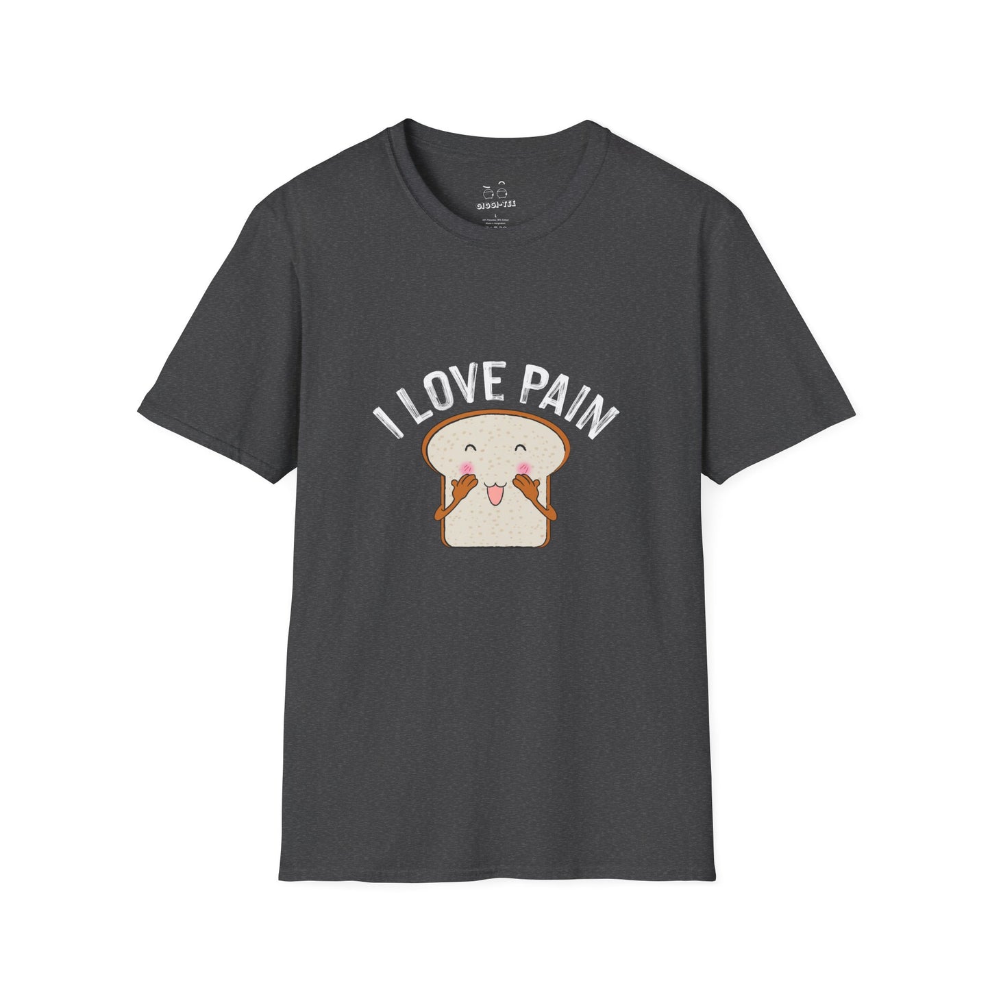 I Love Pain’ shirt featuring a blushing cartoon slice of bread, funny pun tee for bread lovers and humor fans.