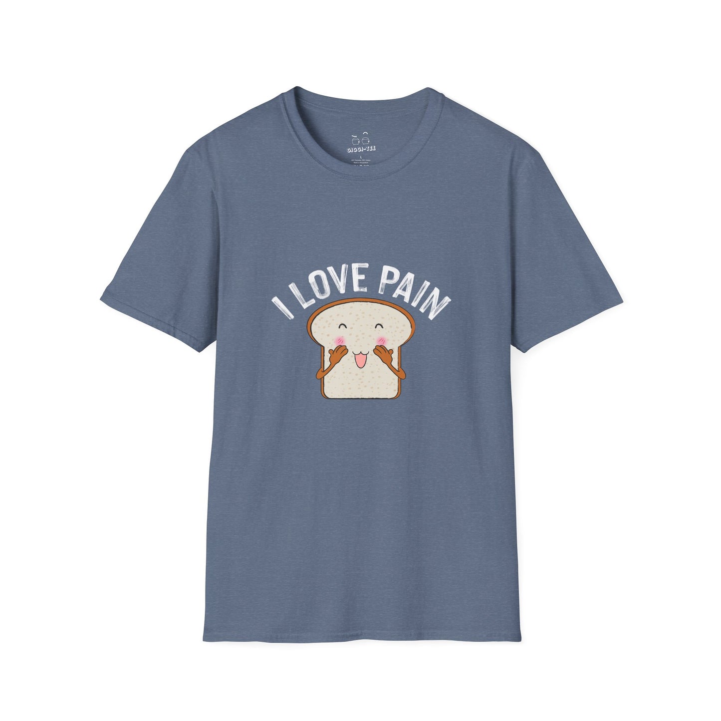 I Love Pain’ shirt featuring a blushing cartoon slice of bread, funny pun tee for bread lovers and humor fans.