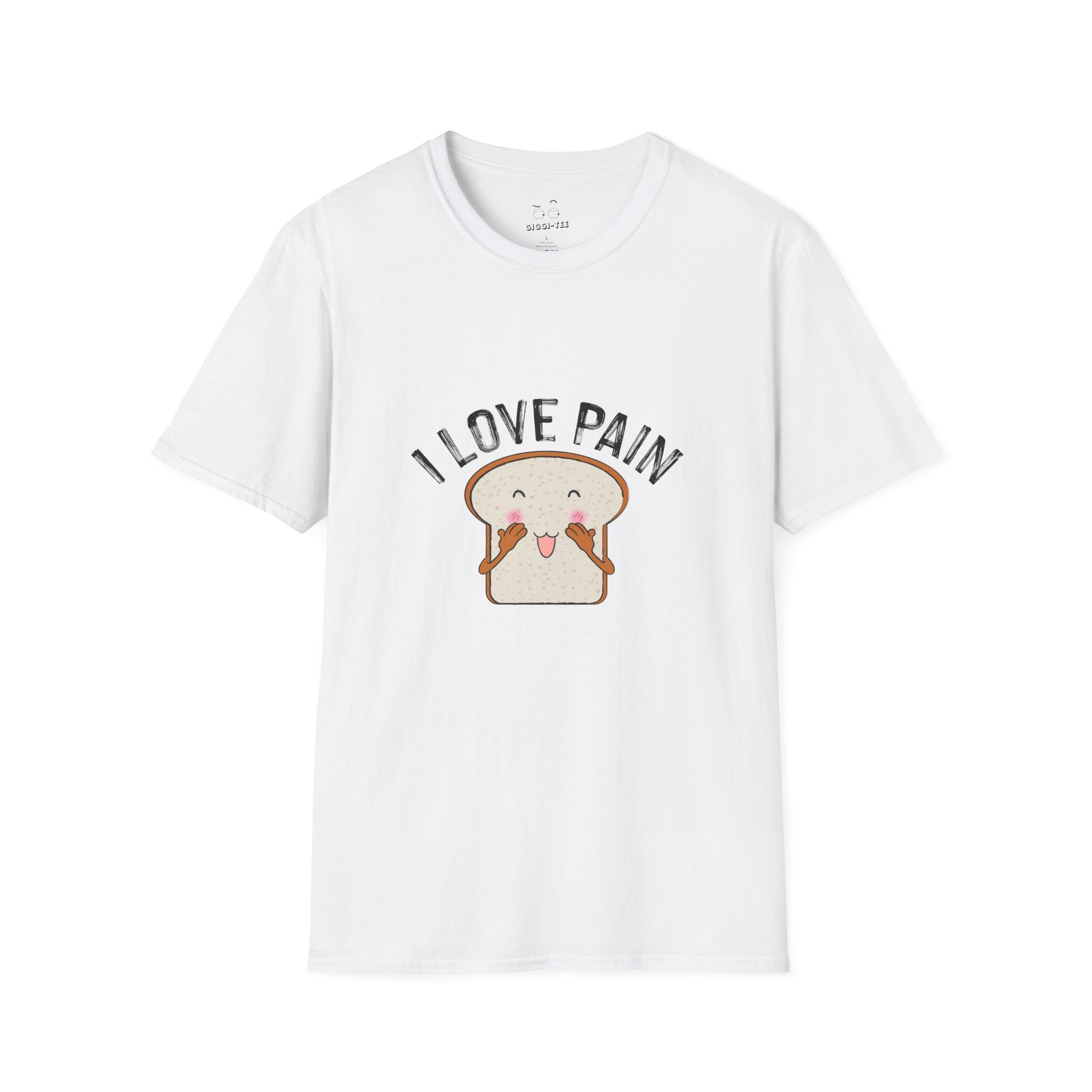 I Love Pain’ shirt featuring a blushing cartoon slice of bread, funny pun tee for bread lovers and humor fans.