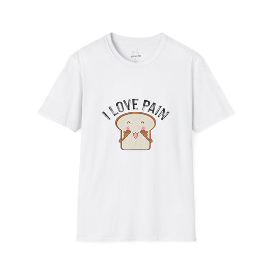 I Love Pain’ shirt featuring a blushing cartoon slice of bread, funny pun tee for bread lovers and humor fans.