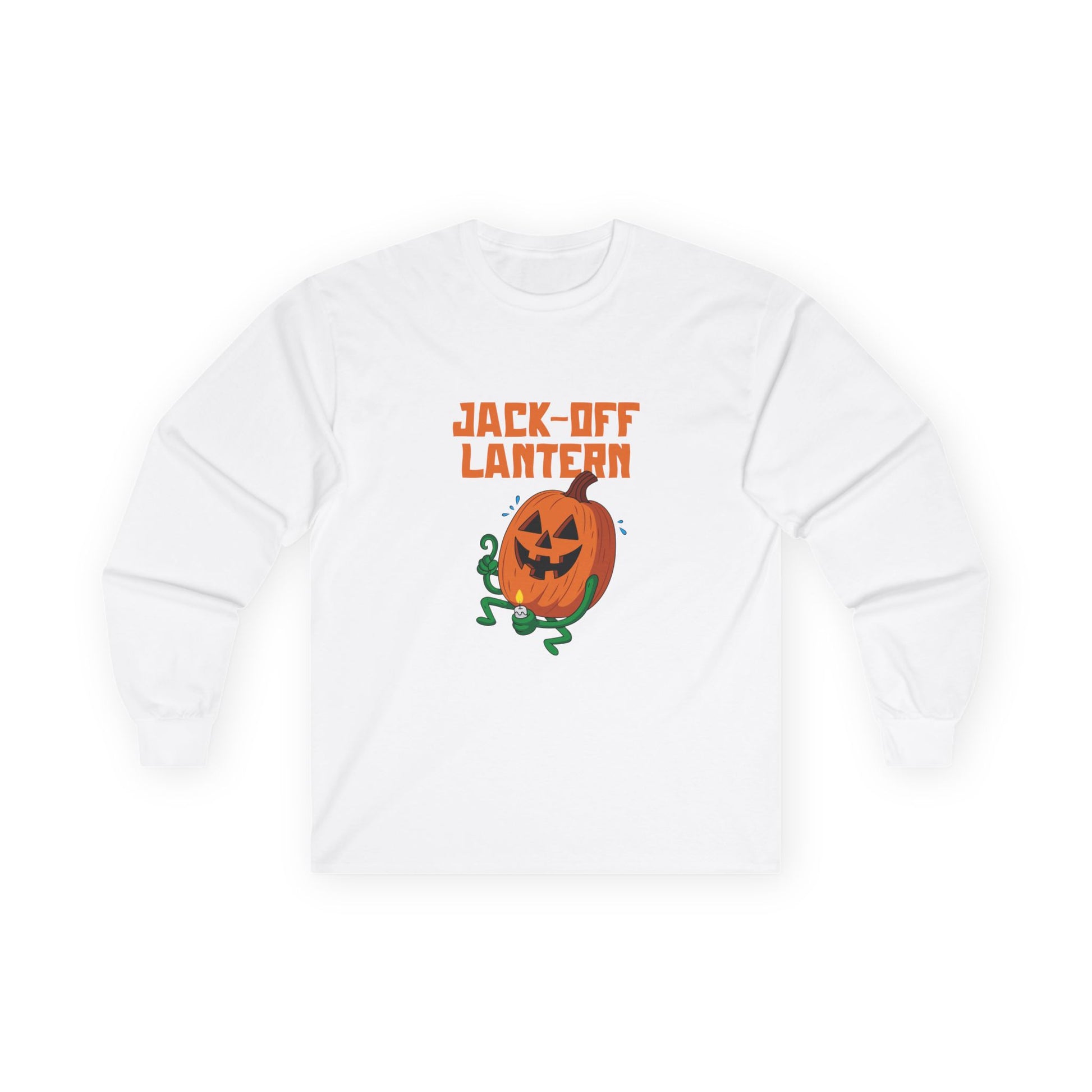Carved jack-o’-lantern pumpkin holding a candle provocatively with a mellow grin — funny adult Halloween design titled “Jack Off Lantern.”