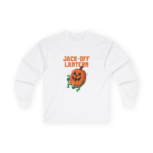 Carved jack-o’-lantern pumpkin holding a candle provocatively with a mellow grin — funny adult Halloween design titled “Jack Off Lantern.”