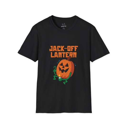 Carved jack-o’-lantern pumpkin holding a candle provocatively with a mellow grin — funny adult Halloween design titled “Jack Off Lantern.”