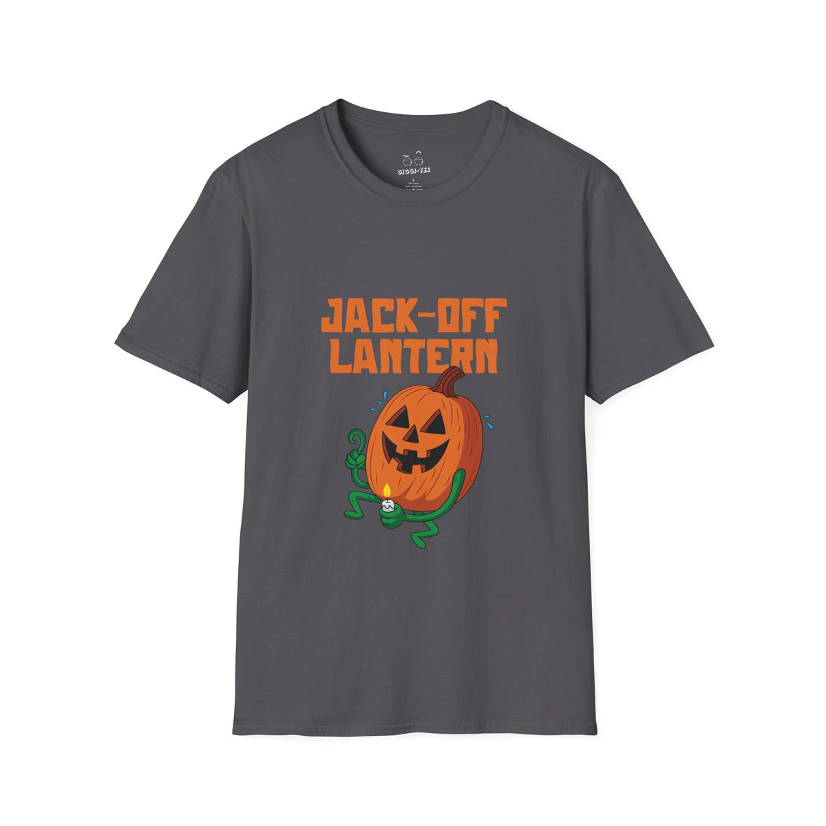 Carved jack-o’-lantern pumpkin holding a candle provocatively with a mellow grin, funny adult Halloween shirt design titled “Jack Off Lantern.”