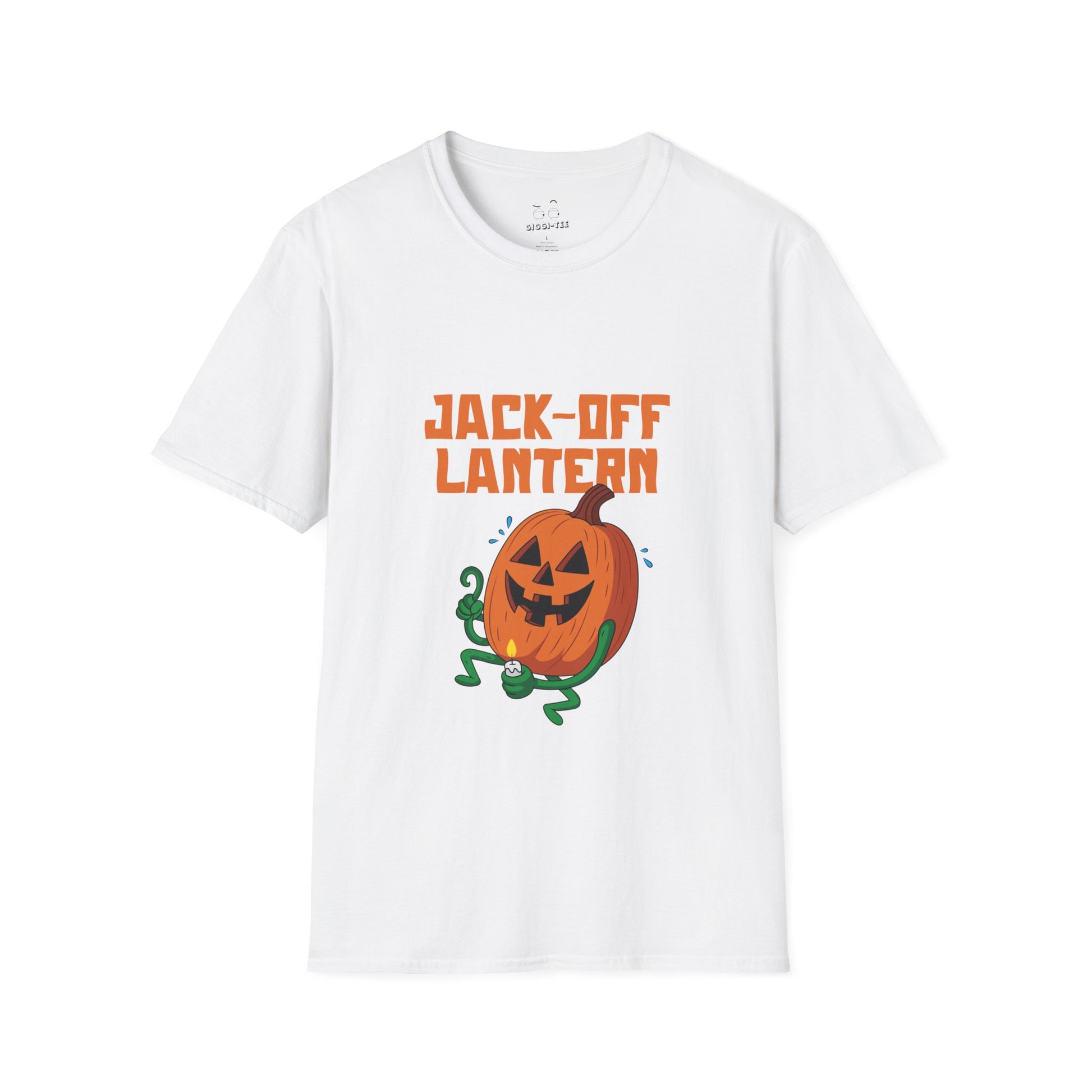 Carved jack-o’-lantern pumpkin holding a candle provocatively with a mellow grin — funny adult Halloween design titled “Jack Off Lantern.”