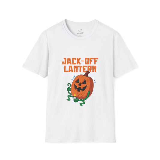 Carved jack-o’-lantern pumpkin holding a candle provocatively with a mellow grin — funny adult Halloween design titled “Jack Off Lantern.”