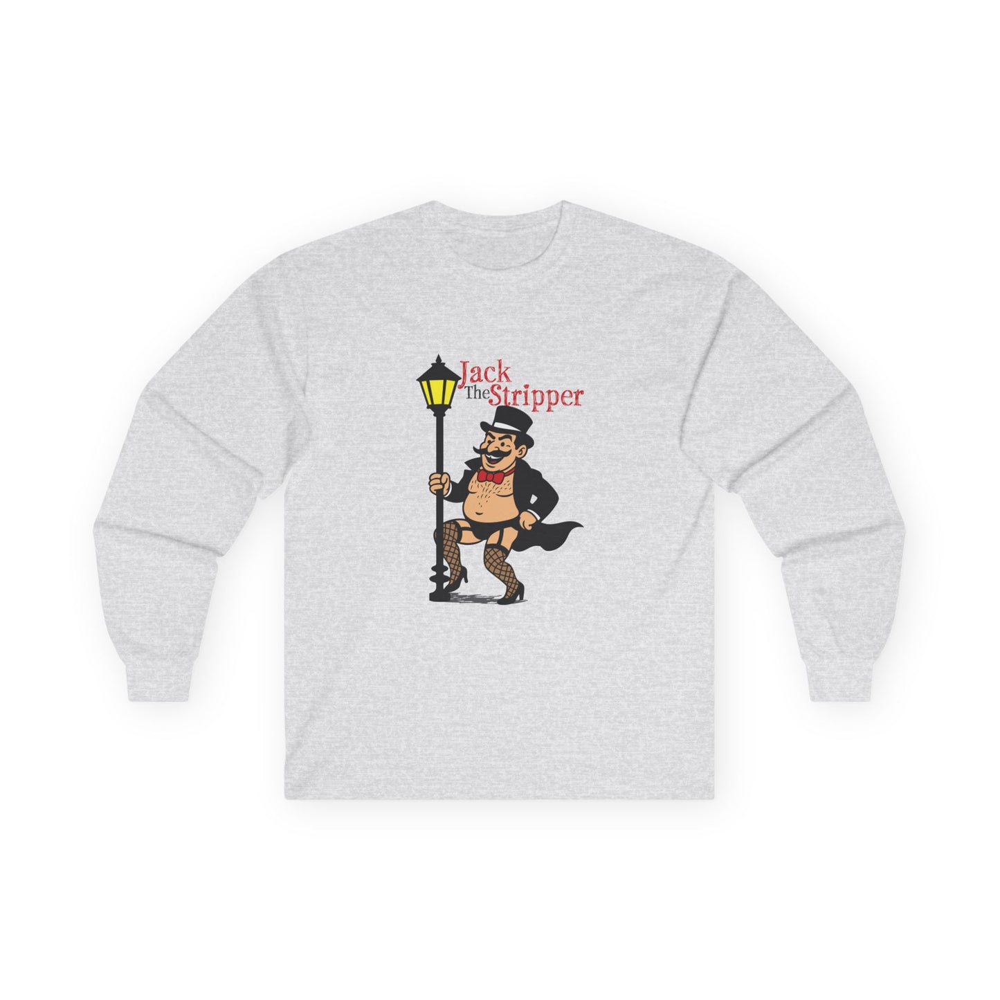 Illustration of Jack the Ripper pole dancing on a Victorian-style streetlamp, parody design titled "Jack the Stripper.