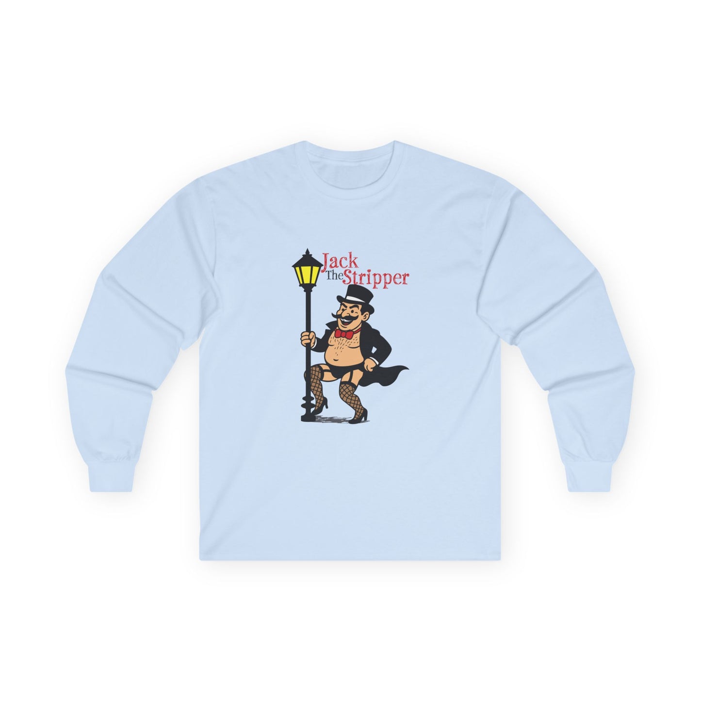 Illustration of Jack the Ripper pole dancing on a Victorian-style streetlamp, parody design titled "Jack the Stripper.