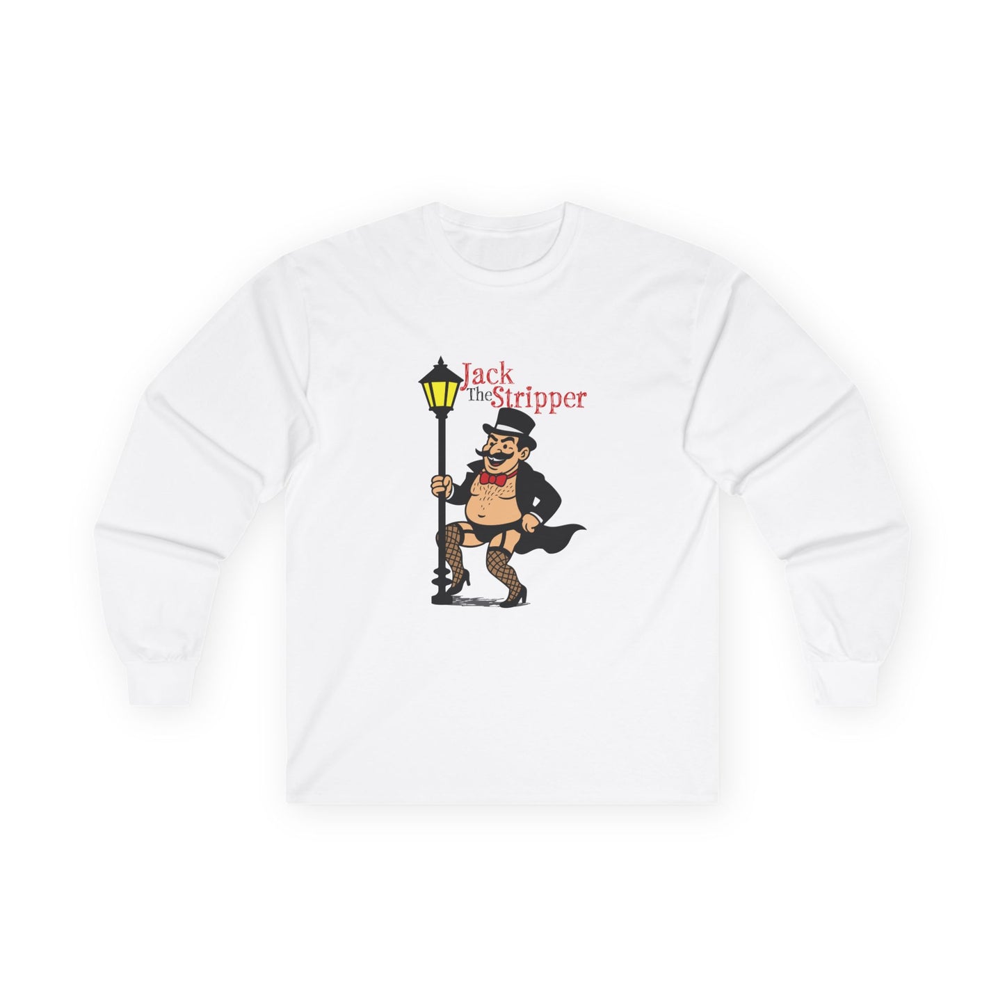 Illustration of Jack the Ripper pole dancing on a Victorian-style streetlamp, parody design titled "Jack the Stripper.