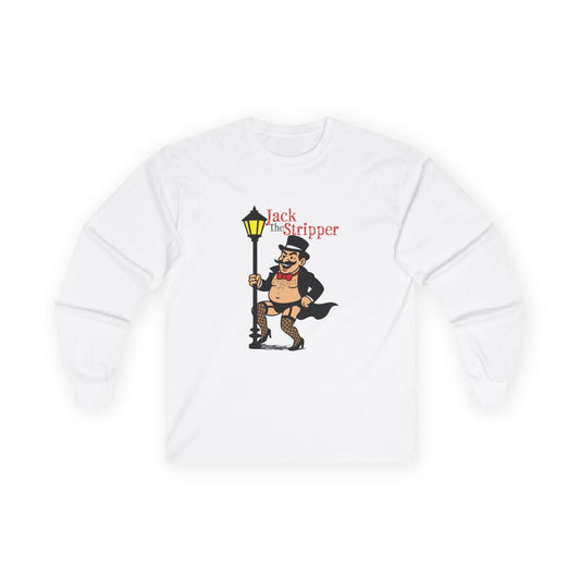 Illustration of Jack the Ripper pole dancing on a Victorian-style streetlamp, parody design titled "Jack the Stripper.