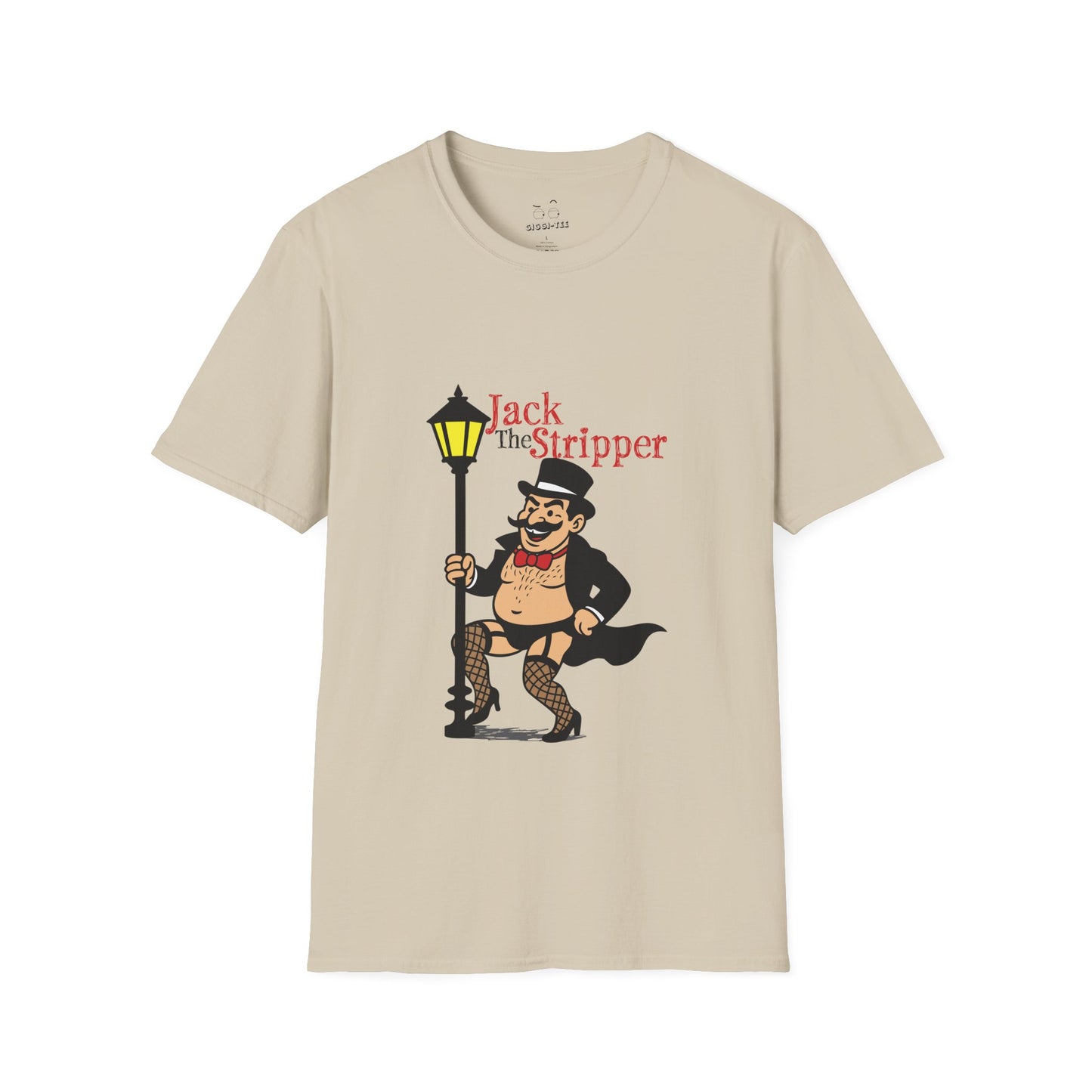 Illustration of Jack the Ripper pole dancing on a Victorian-style streetlamp, parody design titled "Jack the Stripper.